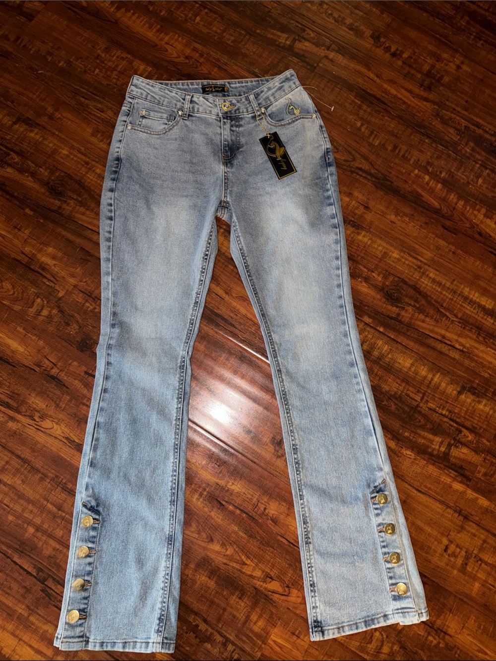 Baby Phat Light Blue Flare Jeans with Gold Button Detail